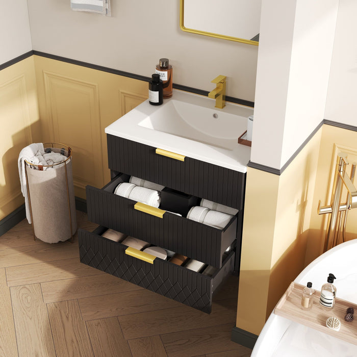 Wall Mounted Floating Cabinet With Double Drawer, Rectangular Sink