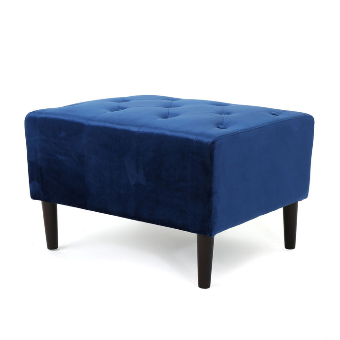 Mid Century Ottoman Velvet With Button Tufting With Birch Wood Legs - Navy Blue