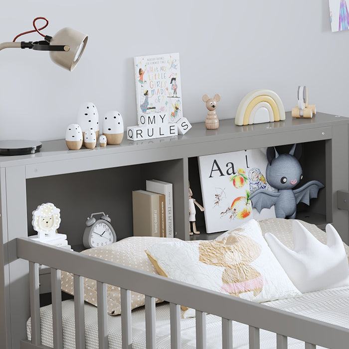 Bed With Headboard Storage Rack, 2 Under Bed Drawers, 3 Side Guardrails For Safety