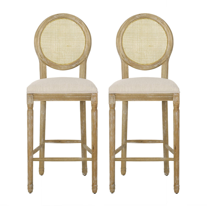 Country Chic Bar Stools (Set of 2) With Rattan Backrest And Upholstered Seat - Beige / Natural