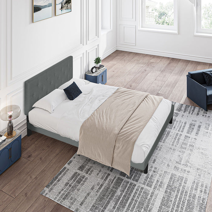 Modern Upholstered Platform Bed Frame With Button Tufted Linen Fabric Headboard