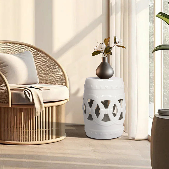 Elegant Glazed Ceramic Drum Stool Indoor / Outdoor Side Table Accent Garden Stool - White