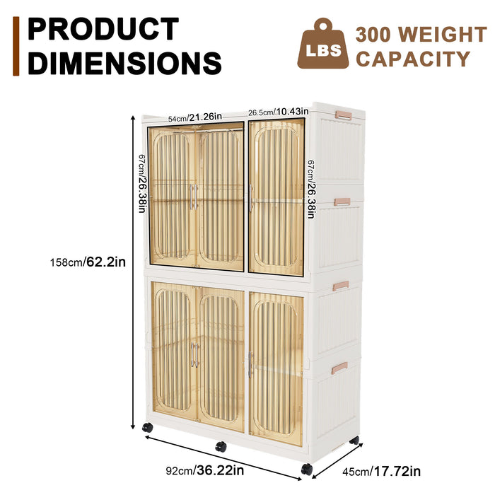 Portable Wardrobe Closet Storage Organizer For Clothes, 6 Magnetic Doors With 6 Cubes & 2 Hanging Rods, 6 Hangers - Cream White