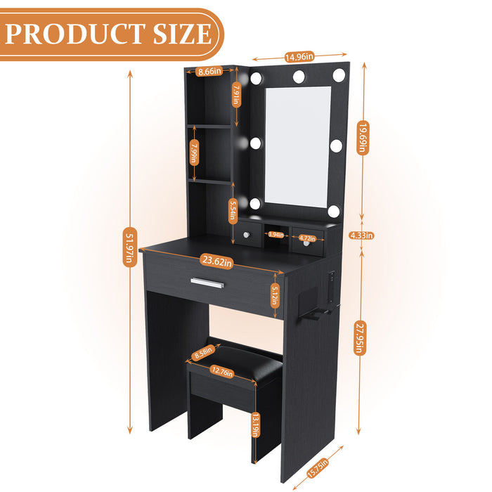 Vanity Table With Mirror, Adjustable LED Lights, Power Outlet, Hairdryer Holder & Stool