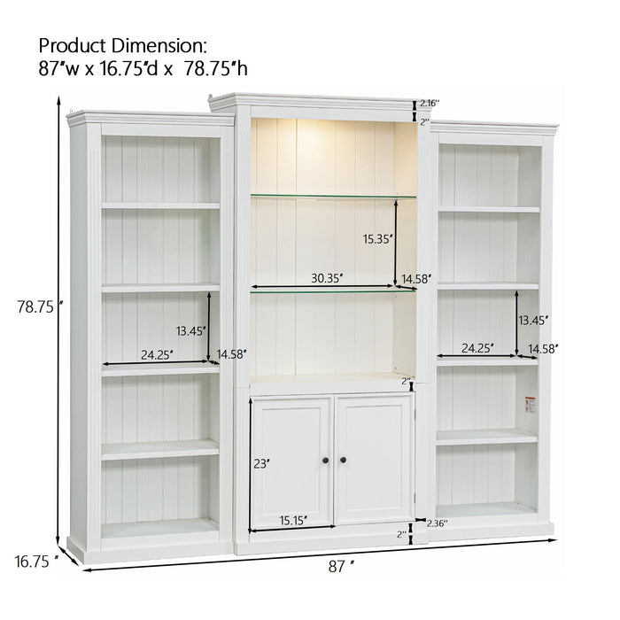 Retro Style 3 Piece Bookcase Display Cabinet With Adjustable LED Lighting, Tempered Glass Shelves - White