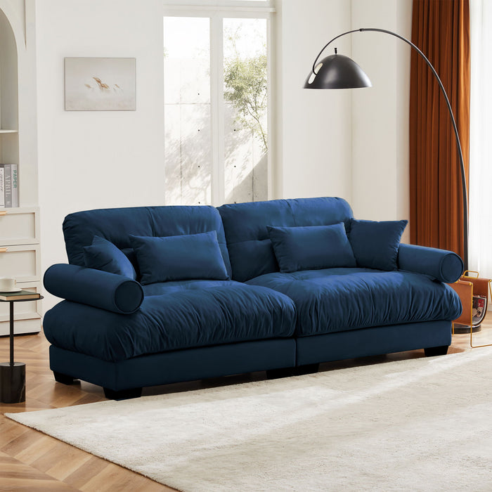 Modern Velvet Sofa With Bolstered Armrests And Pillows