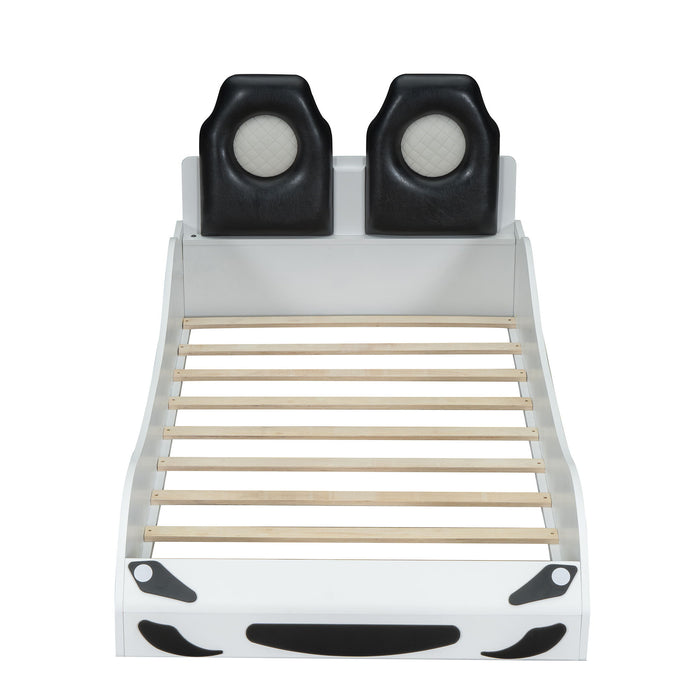 Race Car Shaped Platform Bed With LED And Upholstered Backrest In