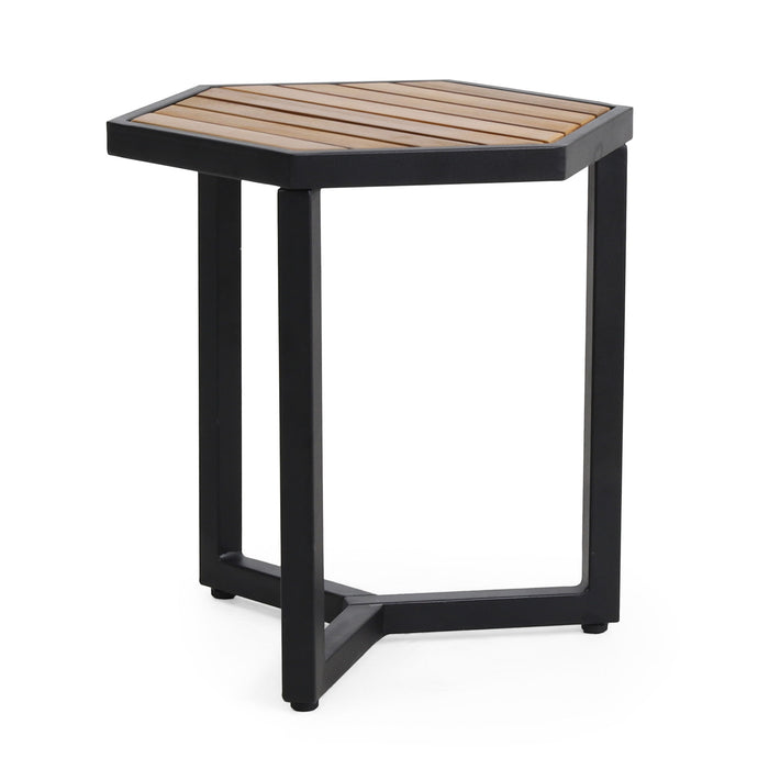 Outdoor Side Table With Iron Base And Slatted Top - Brown