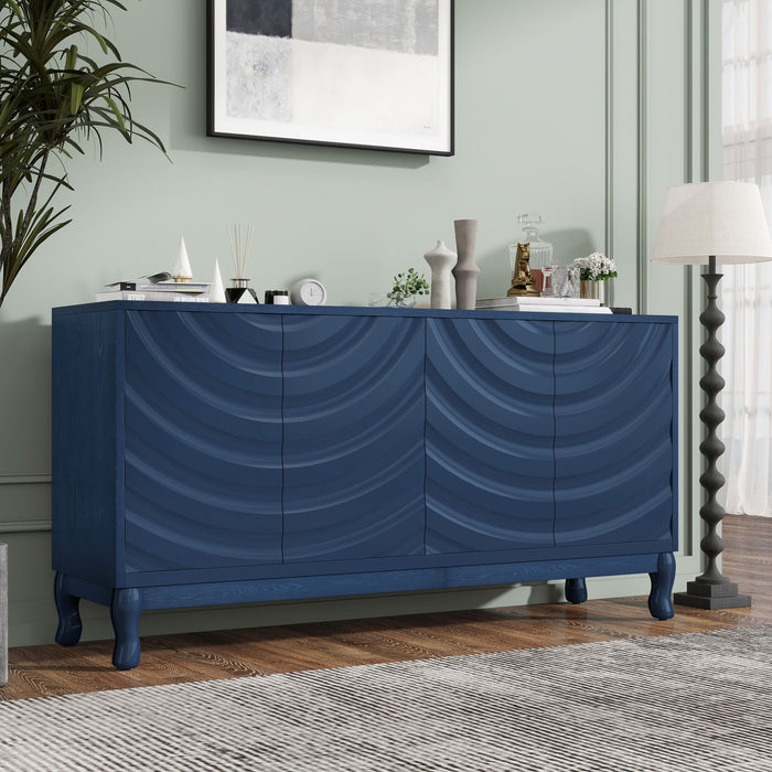 Elegant Sideboard With Sophisticated Wavy Pattern Doors And Arched Groove Design, Adjustable 4 Door Layout