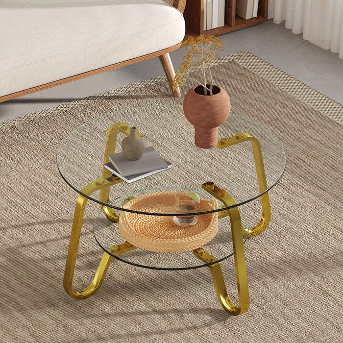 Retro Minimalist Style Metal Frame Double Layer Tempered Glass Coffee Table
