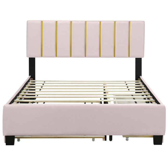 Upholstered Platform Bed With 2 Drawers And 1 Trundle, Classic Strip Headboard Design