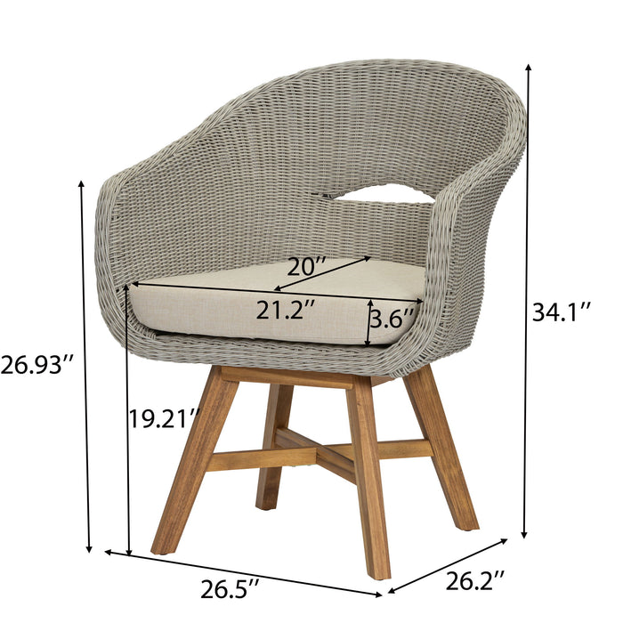 Modern Coastal Rattan Dining Chairs, (Set of 2), Solid Wood Legs - Beige / Gray Ash / Natural
