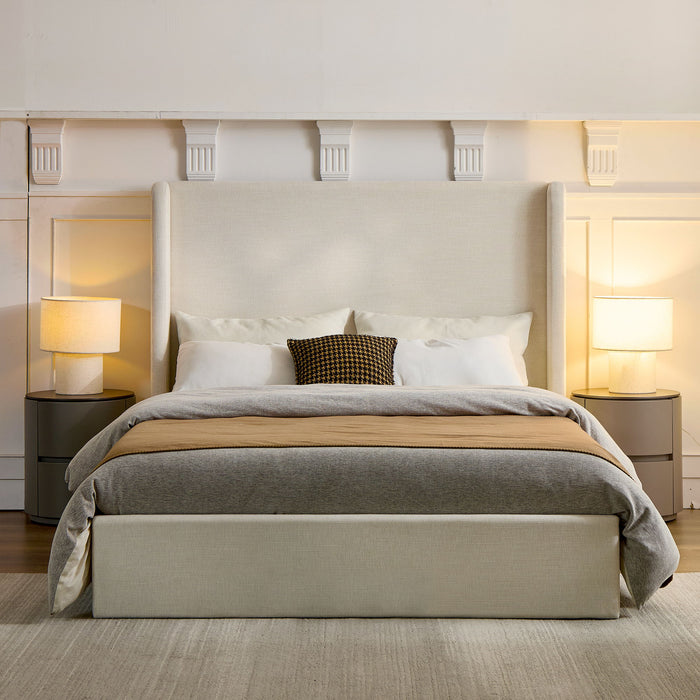 Caron - King Size Upholstered Wingback Bed With High Headboard - Ivory
