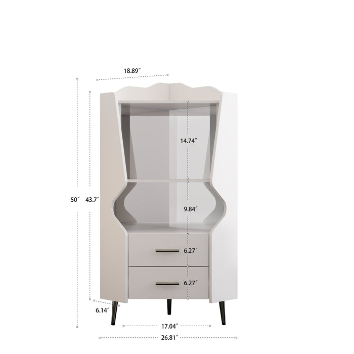 Corner Bar Cabinet With Mirrored Back, 2 Open Shelves & 2 Drawers, High Legs For Easy Cleaning