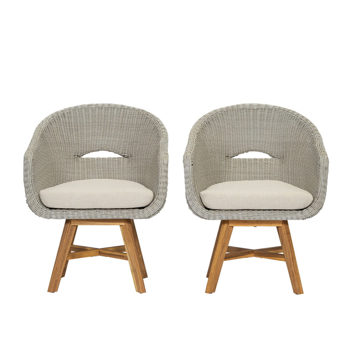 Modern Coastal Rattan Dining Chairs, (Set of 2), Solid Wood Legs - Beige / Gray Ash / Natural