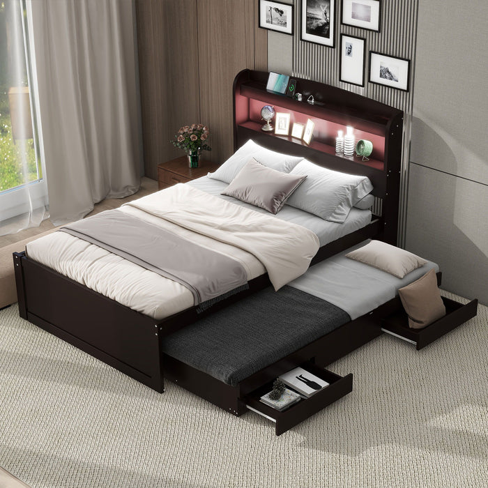 Platform Bed With LED Headboard, Charging Station, Trundle And 2 Drawers