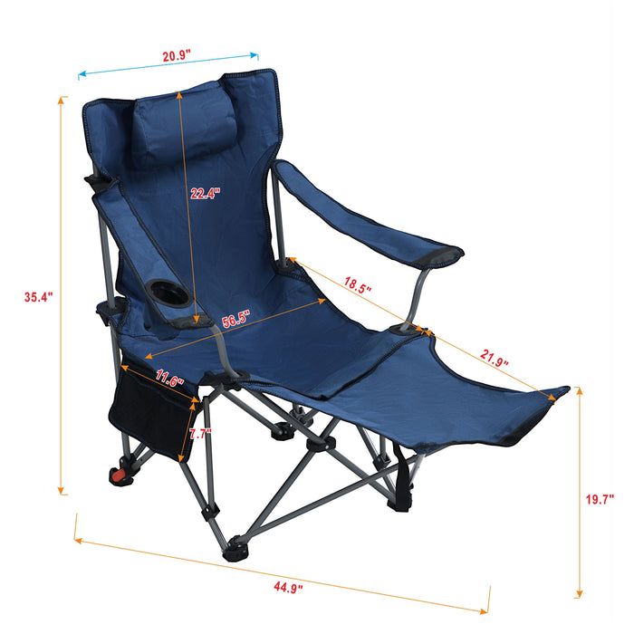 Outdoor Camping Chair With 3 Level Reclining, Side Pockets & Cup Holder, Folding With Carry Bag - Dark Blue