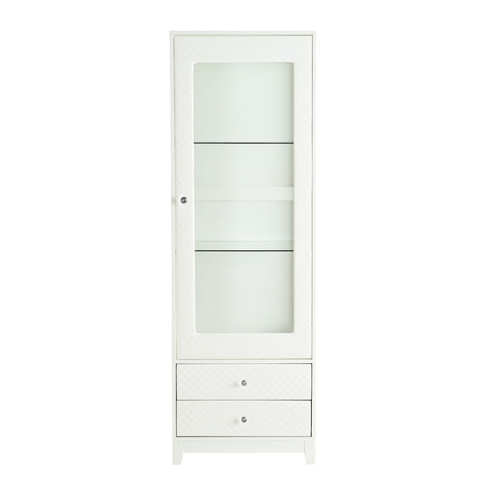 Modern Upholstered Glass Display Cabinet With Adjustable LED Light - White