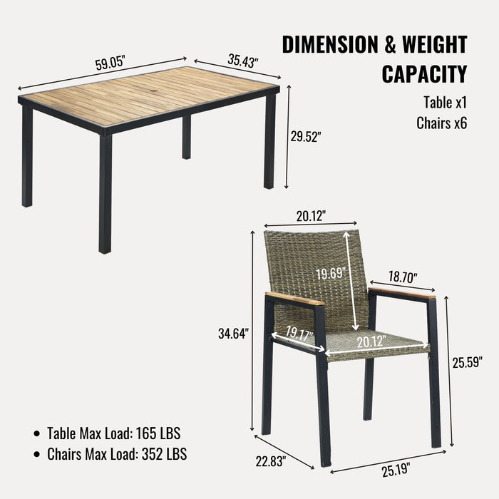 All Weather 7 Piece Patio Dining Table Set With Umbrella Hole - Brown / Gray