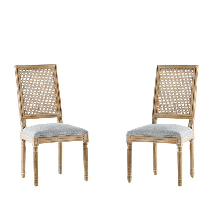 French Country Dining Chair With Rectangular Cane Backrest And Smooth Upholstered Seating