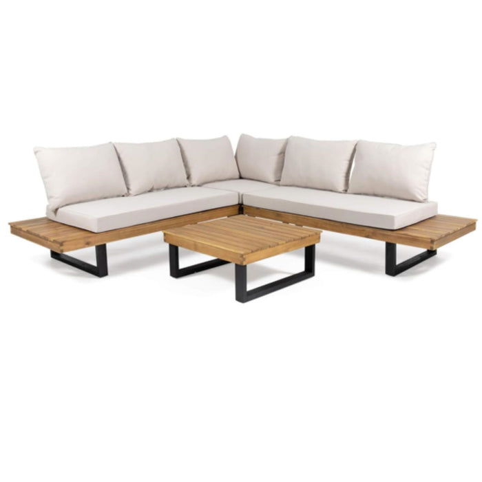 Sebastian - Hand Crafted 4 Piece Sofa Set With Water Resistant Cushions - Beige / Teak