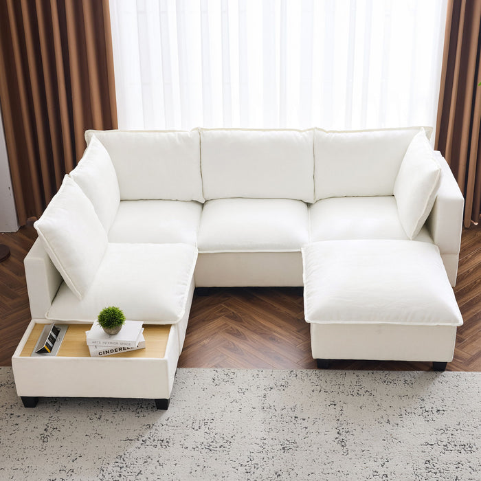 U-Shaped Sectional Modular Sofa With A Movable Ottoman, A Coffee Table With Hidden Charging Devices For Living Room
