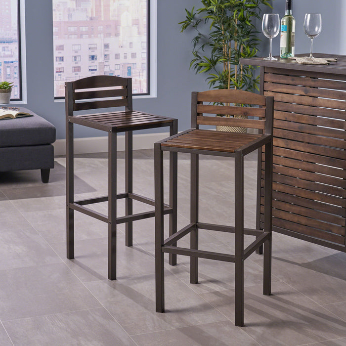 Outdoor Barstool With Slat Panel Design (Set of 2) - Dark Brown