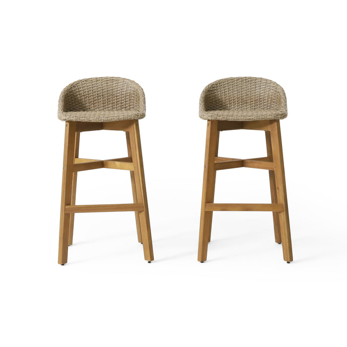 Beeson - Outdoor Wicker And Acacia Wood Barstools Set, Water Resistant - Brown