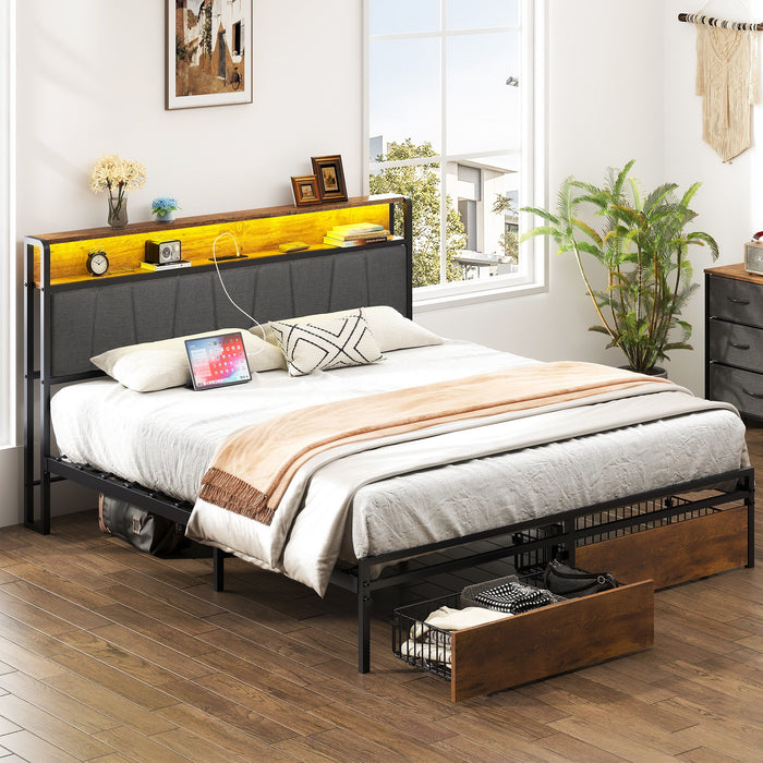 Upholstered Platform Bed Frame With Storage Drawers, USB Ports, LED Lights