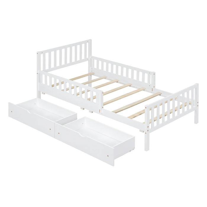 Platform Bed With Guardrails On Both Sides And 2 Storage Drawers