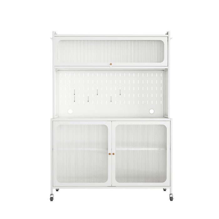 Contemporary Kitchen Pantry Cabinet With Glass Doors, Adjustable Shelves, Steel - Brushed Nickel