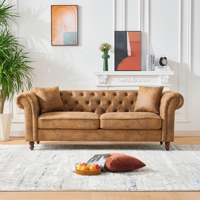 Chesterfield Sofa, High Roll Armrest Sofa, Upholstered Mid Century Modern Couch, 3 Seater Couch - Brown