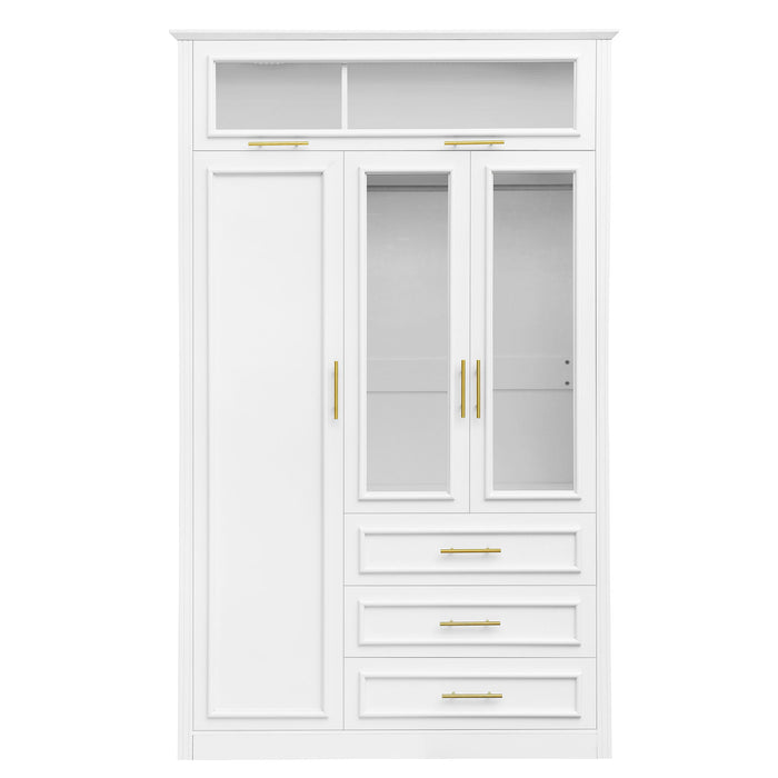 3 Door Wardrobe Armoire With LED Lighting And 3 Drawers - White