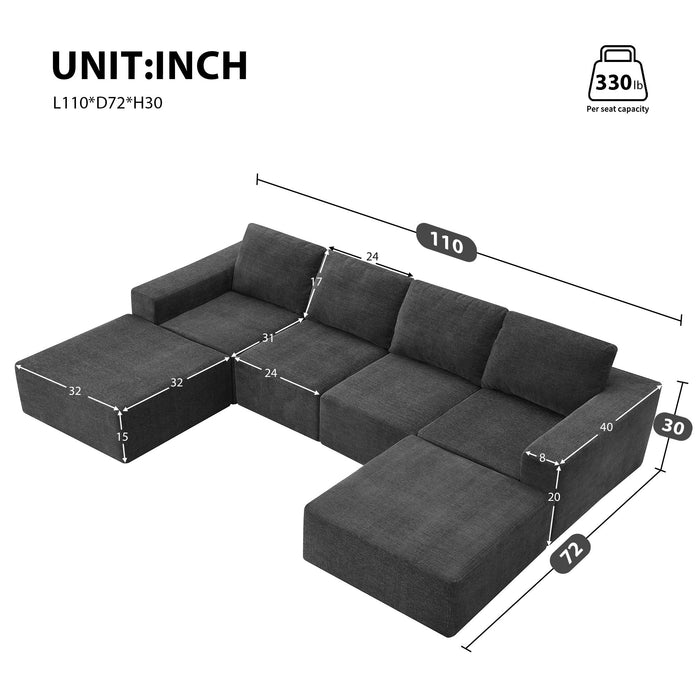 Modular U Shaped Sectional With Ottomans, Luxury Cloud Floor Couch With Deep Seat Fully Compressed Upholstered Sofa