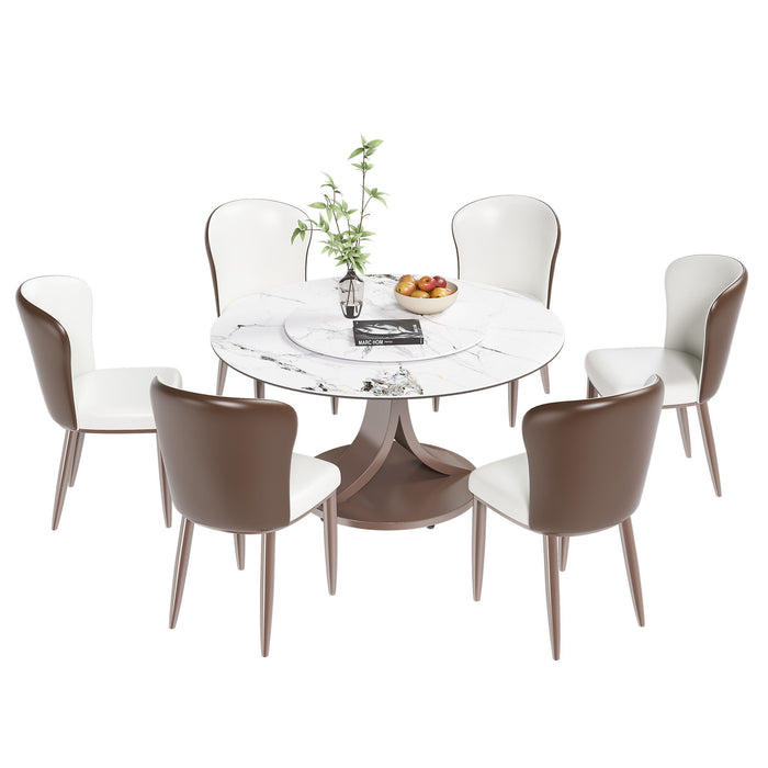 Round Dining Table With 360° Rotating Lazy Susan For Dining Room & Kitchen, 6 Chairs - White