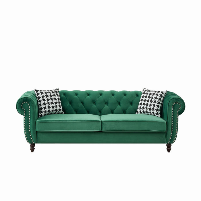 Mid Century Chesterfield Velvet Fabric Sofa With Roll Armrest & Nailhead, Green, 87 Inches