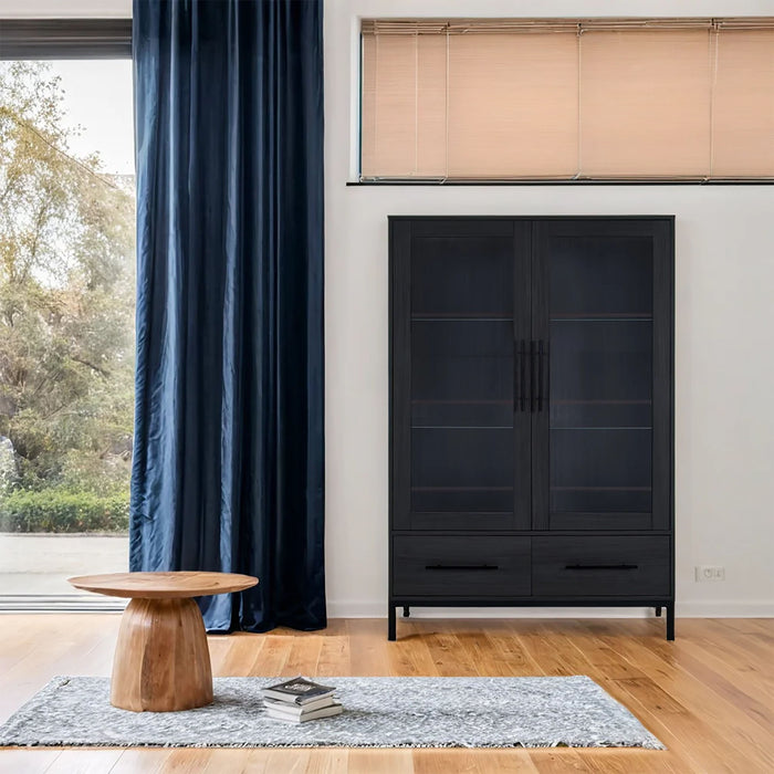 Modern Style Tall Display Cabinet With LED Lighting, Tempered Glass Door, 2 Drawers