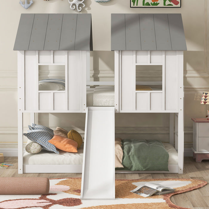 Twin Over Twin House Bunk Bed With Slide And Windows - White / Gray