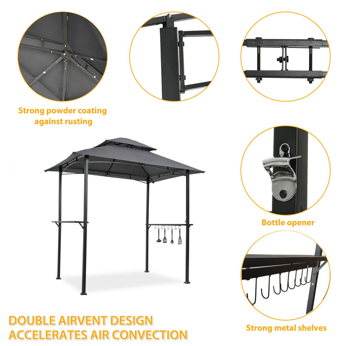 Outdoor Grill Gazebo With Double Tier Soft Top Canopy, Steel Frame, Bar Counters & Hook