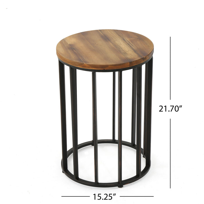 Outdoor Cylindrical Side Table With Round Solid Wood Top And Metal Frame - Natural