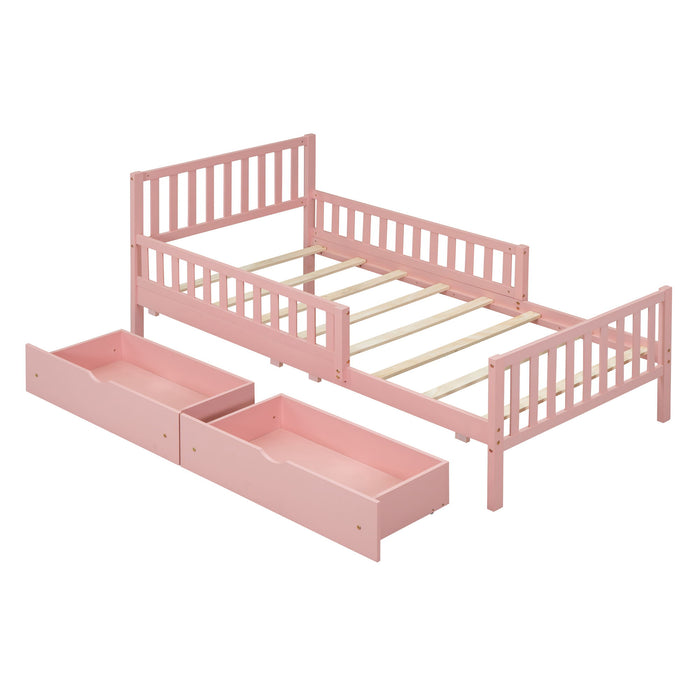 Platform Bed With Guardrails On Both Sides And 2 Storage Drawers