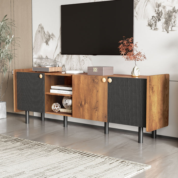 Mid Century TV Stand & 3 Cabinets, Media Console Table For Tvs Up To 70'', Entertainment Center With Storage For Living Room - Black / Brown
