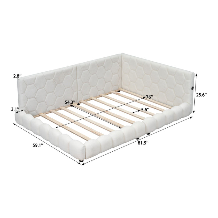 Upholstered Full Size Platform Bed With LED Belt And USB Ports - White