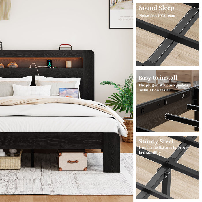 Wood Platform Bed Frame With Storage LED Light Headboard & USB
