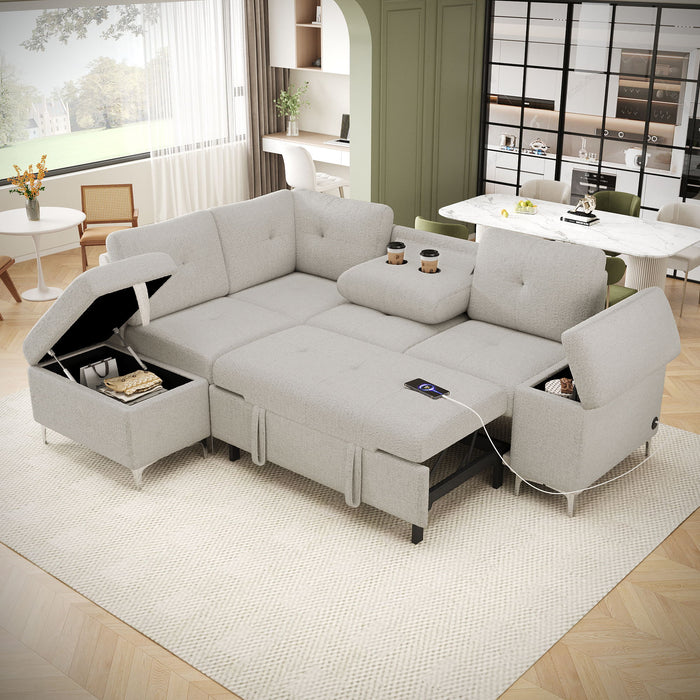 Versatile L Shaped Sofa Bed With Storage, Cup Holders, USB Ports Chenille