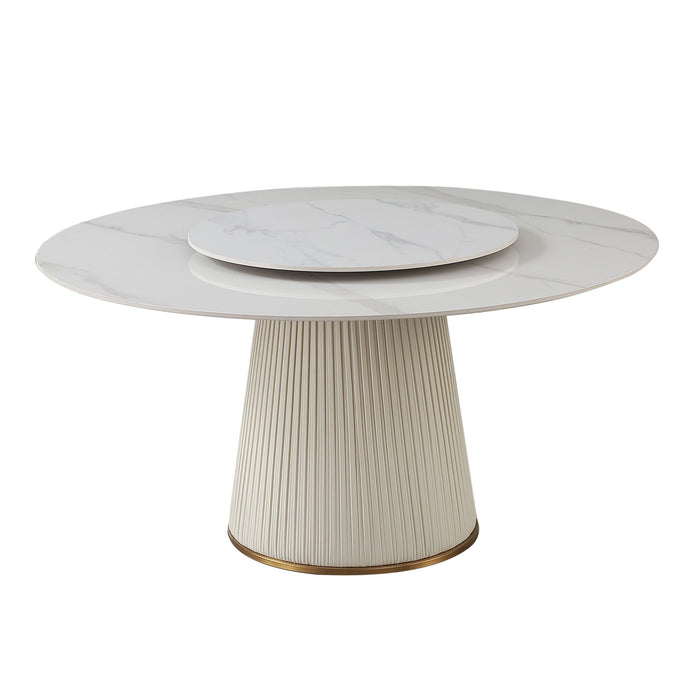 Modern Sintered Stone Dining Table With Round Turntable, Wood And Metal Pedestal, 8 Chairs - White
