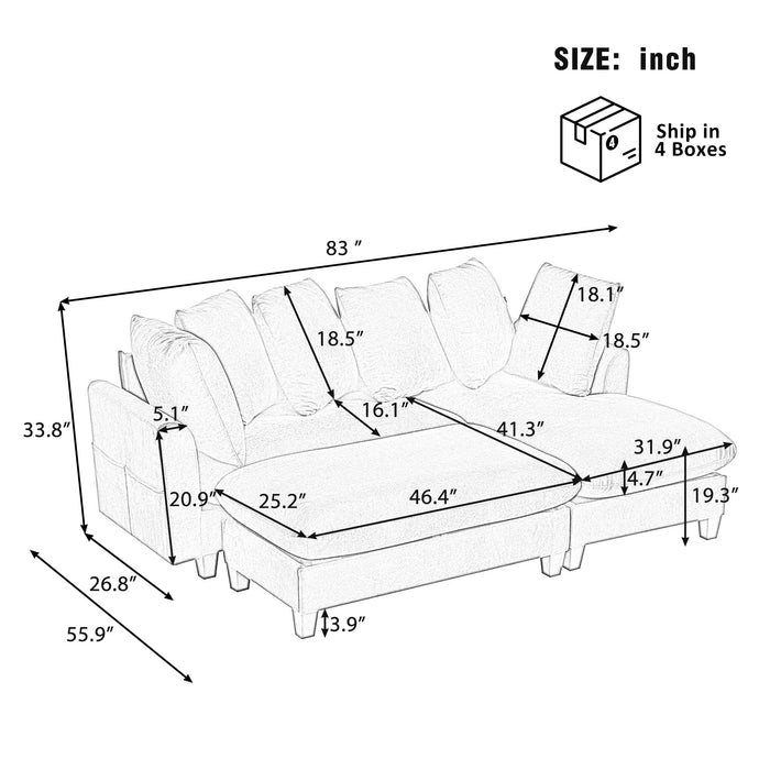 Upholstered L Shaped Sectional Sofa With Storage, Movable Ottoman, And 6 Throw Pillows