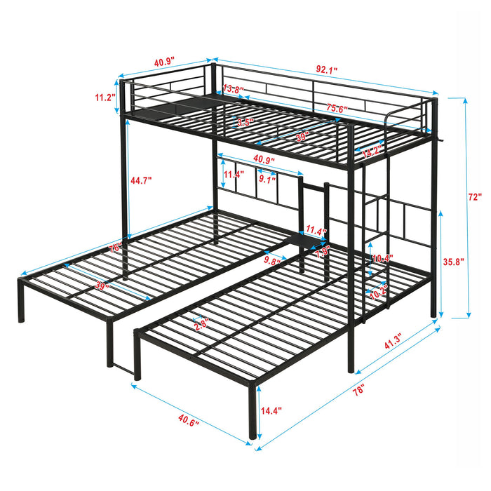 Twin Over Twin Over Twin Triple Bunk Bed With Safety Rails And Storage Shelf - Black