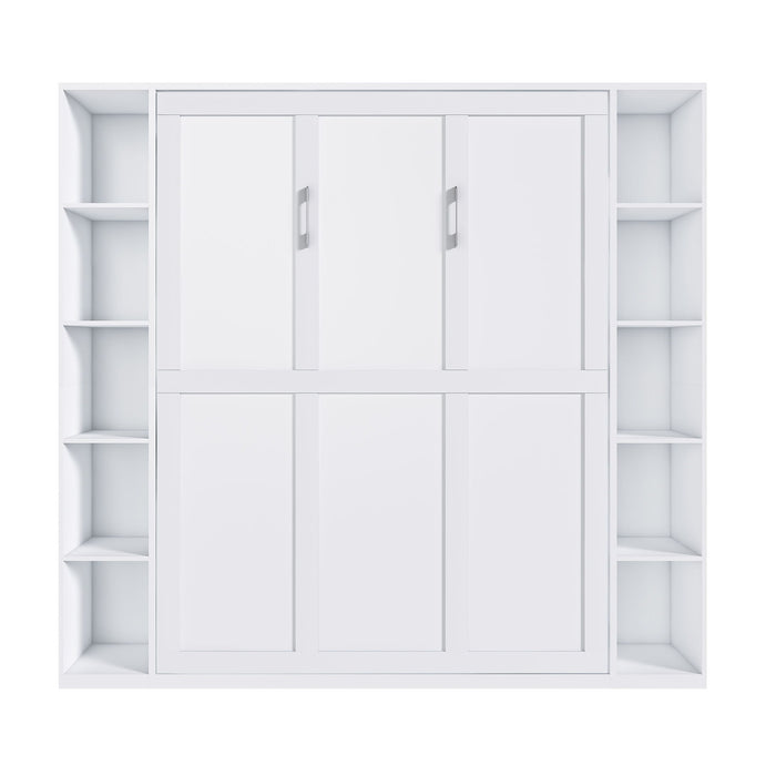 Queen Murphy Bed With Storage Cabinet, Foldable Wall Bed For Bedrooms - White