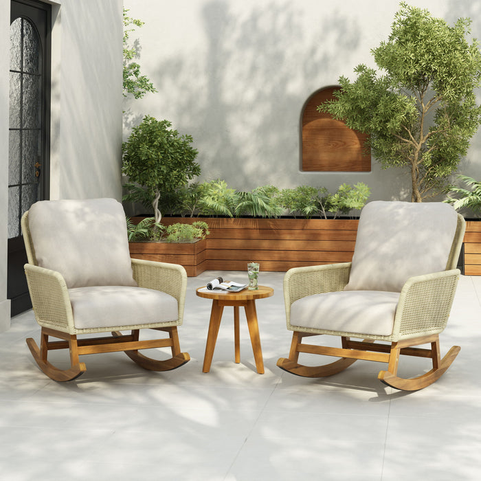 Cushioned Rattan Rocking Chairs With Wooden Accent Table Modern 3 Piece Outdoor Seating Set For Patio Relaxation - Ivory